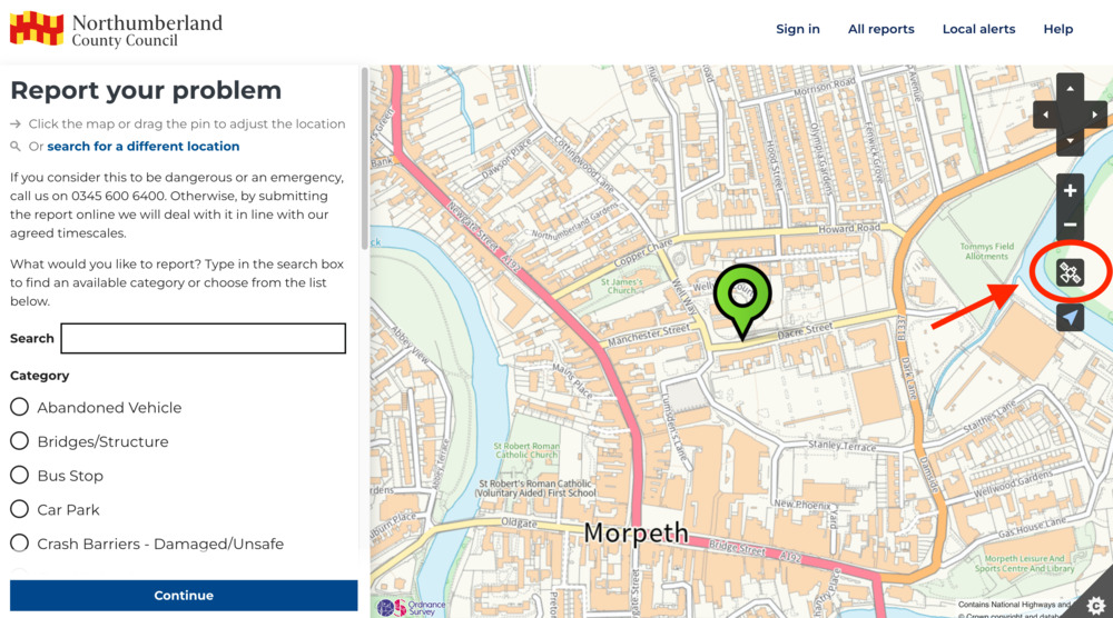 Selecting the satellite icon toggles to an aerial map view